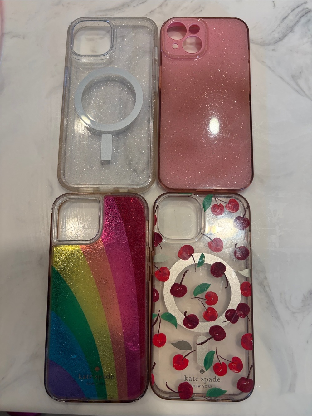 Pink Glitter, Clear Glitter Otterbox, Kate spade rainbow & Cherry iPhone 15Case